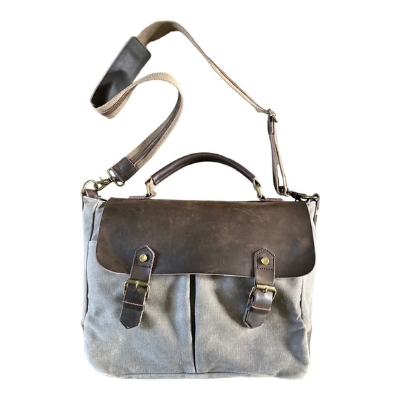 Zede Paris Leather and Canvas Commuter Bag with Adjustable Strap Khaki Beige